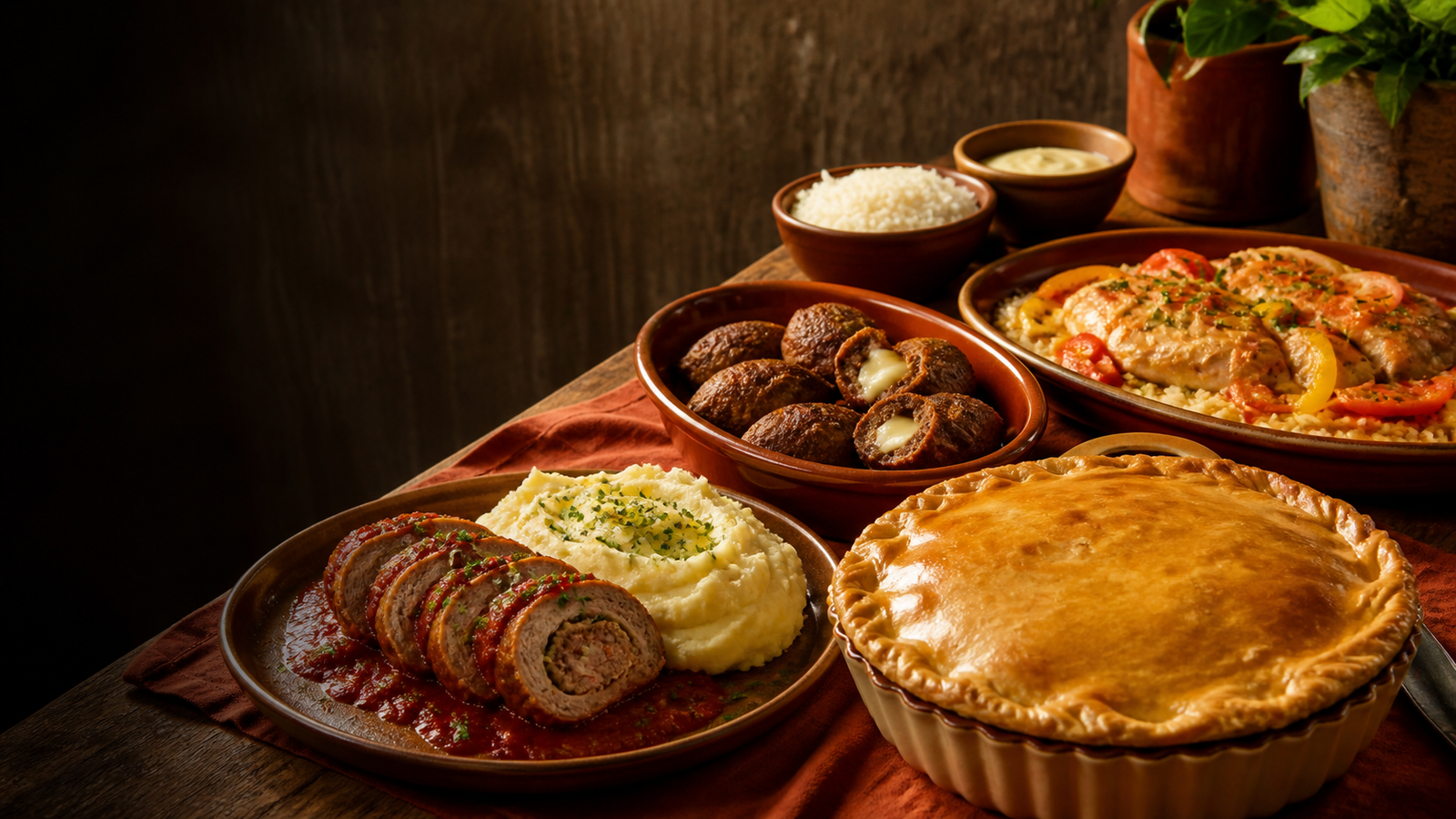 Mesa com pratos caseiros variados preparados com carinho